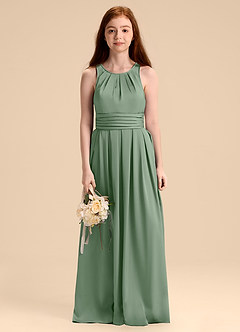 Azazie Bibiane Junior Abito A-Line in Raso Elasticizzato Plissettato Matcha image6