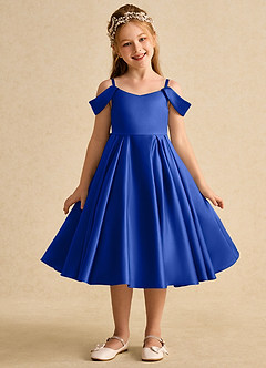 Azazie Favia Robe Demoiselle D'honneur Fillette Robe Trapèze en Mat Satiné Épaule décolletée Bleu Roi image1