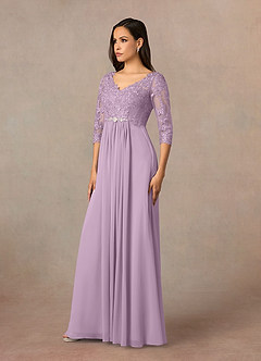 Azazie Hayek vestidos de madre de la novia Vestido de Glicinia de Gasa de Corte En A con Cuello en V de encaje image2