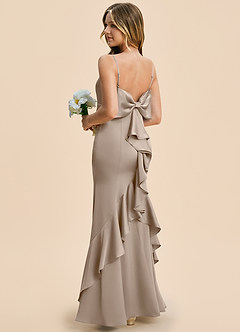 Azazie Lioren Junior Taupe Sheath Bow Stretch Satin Dress image4