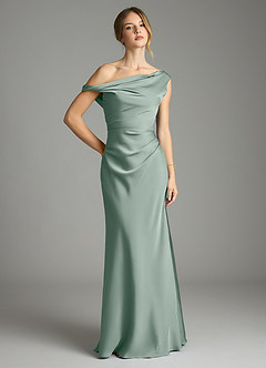 Azazie Emerson Bridesmaid Dresses Silver Sage Mermaid Off the Shoulder Stretch Satin Dress image1
