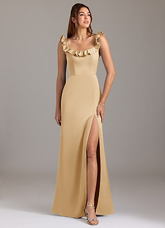 Azazie Callie Bridesmaid Dresses Gold A-Line Ruched Stretch Satin Convertible Dress image1