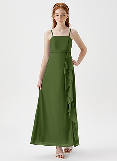 Azazie Kaylee Junior A-Linie Gürtel/Schärpe Gittergewebe Kleid Olivgrün image4