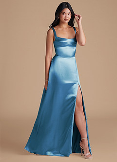 Azazie Hope Brautjungfernkleider A-Linie mit Taschen Metallischer Satin Kleid Stahlblau image1