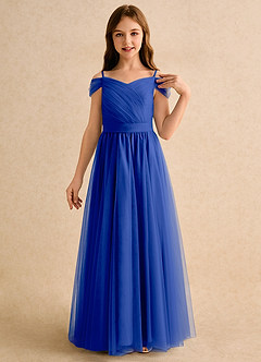 Azazie Yuna Girls Formal Abiti da Ragazza di Fiori Abito A-Line in Tulle Spalle Scoperte Blu Reale image6