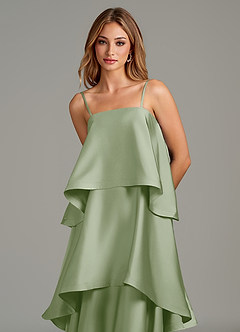 Azazie Azalea At-home Try On Dresses Dusty Sage A-Line Ruched Stretch Satin Dress image2