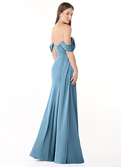 Azazie Amyra Bridesmaid Dresses Steel Blue Sheath Off the Shoulder Stretch Satin Convertible Dress image6