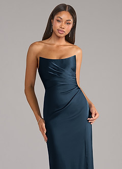 Azazie Marla Vestidos de madrinha de casamento Vestido Azul Marinho de Cetim elástico de Bainha com Sem Alças image2