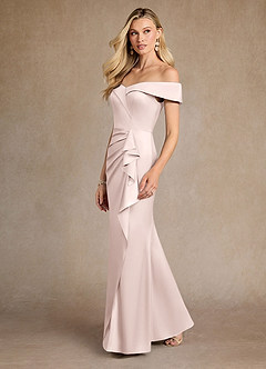 Azazie Laredo Mother of the Bride Dresses Blushing Pink Mermaid Off the Shoulder Stretch Satin Dress image5