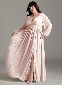 Azazie Norah Bridesmaid Dresses Rose Petal A-Line V-Neck Long Sleeve Chiffon Dress image10