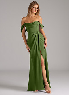Azazie Johana Robes de demoiselle d'honneur Robe Sirène Convertible en Satin extensible Épaule décolletée Genévrier image1