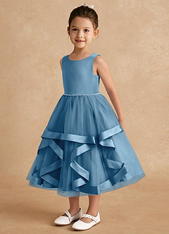 Azazie Posy Flower Girl Dresses Steel Blue A-Line Beaded Tulle Dress image3