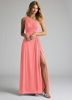 Azazie Brooke Bridesmaid Dresses Coral A-Line One Shoulder Mesh Dress image1