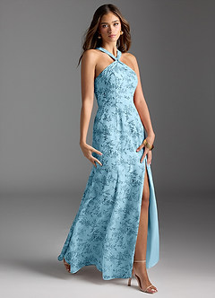 Azazie Rue Bridesmaid Dresses Blue Fern Floral A-Line Halter Chiffon Dress image3