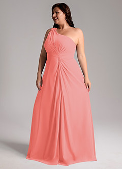 Azazie Brooke Bridesmaid Dresses Coral A-Line One Shoulder Chiffon Dress image12