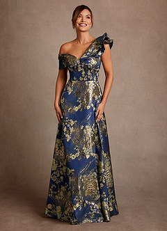 Azazie Des Moines Abiti per la Madre della Sposa Abito A-Line in Jacquard Floreale Monospalla Navy Floreale image4