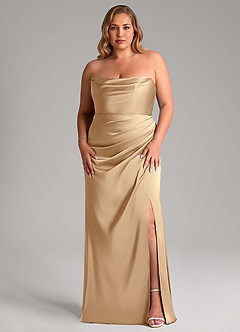 Azazie Leonis Vestidos de damas de honor Vestido de Champán de Satén Elástico de Corte Sirena Convertible con Plisado image8