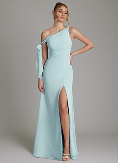 Azazie Aylin Bridesmaid Dresses Sea Glass Sheath Off the Shoulder Chiffon Dress image1