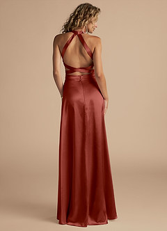 Azazie Clarice Bridesmaid Dresses Terracotta A-Line High Neck Metallic Satin Dress image2
