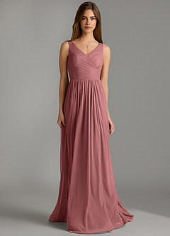 Azazie Keyla Robes de demoiselle d'honneur Robe Trapèze en Maille Plissée Rose Du Désert image4