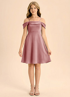 Azazie Anselie Junior Abito A-Line in Raso Elasticizzato Plissettato Rosa Polverosa image3