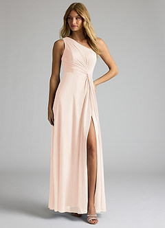 Azazie Brooke Bridesmaid Dresses Blushing Pink A-Line One Shoulder Mesh Dress image3