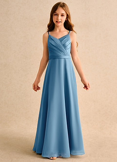 Azazie Umina Girls Formal Robe Demoiselle D'honneur Fillette Robe Trapèze en Mat Satiné Plissée Acier Bleuté image6