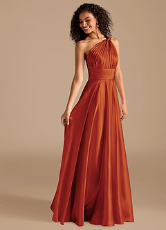 Azazie Charlize At-home Try On Dresses Auburn A-Line One Shoulder Metallic Satin Dress image6