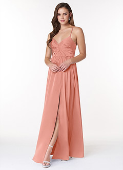 Azazie Raya Bridesmaid Dresses Coral A-Line V-Neck Pleated Stretch Satin Dress image3