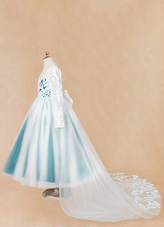 Azazie Elodie Flower Girl Dresses Ivory Ink Blue Ball-Gown Lace Dress image14