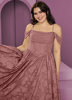 Barbie ♥ Azazie Robes de demoiselle d'honneur Robe Trapèze Convertible en Blumen-Burnout Épaule décolletée Rose Poussiéreuse image9