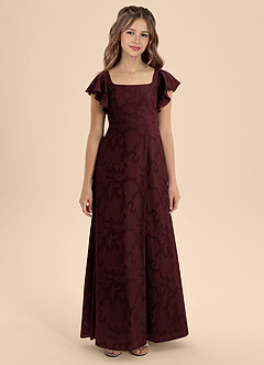Azazie Bondi Junior Cabernet A-Line Bow Floral Burnout Dress image5