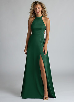 Azazie Clarice Robes de demoiselle d'honneur Robe Trapèze en Satin extensible Col Haut Vert Foncé image4