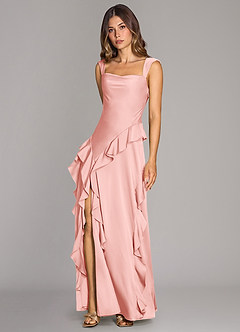 Azazie Sloane Vestidos de madrinha de casamento Vestido Pó Rosa de Cetim elástico de Linha A com Decote Coração image4