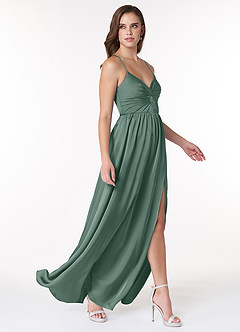Azazie Raya Brautjungfernkleider A-Linie V-Hals Gefaltet Stretch-Satin Kleid Eukalyptus image4