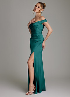 Azazie Teyana Bridesmaid Dresses Peacock Sheath Off the Shoulder Stretch Satin Dress image6
