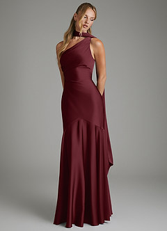Azazie Amara Bridesmaid Dresses Cabernet Mermaid One Shoulder Stretch Satin Dress image4
