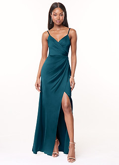 Azazie Maci Brautjungfernkleider A-Linie V-Hals Gefaltet Stretch-Satin Kleid Tintenblau image1