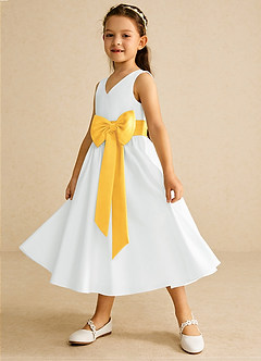 Azazie Darling Flower Girl Dresses Ivory Marigold A-Line Bow Cotton Dress image3
