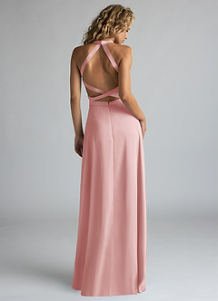 Azazie Clarice Bridesmaid Dresses Powder Pink A-Line High Neck Stretch Satin Dress image3