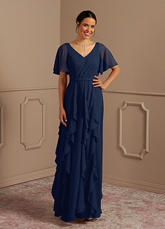 Azazie Watson At-home Try On Dresses Dark Navy A-Line V-Neck Chiffon Dress image1