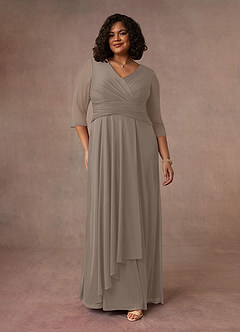 Azazie Annetta Mère de la mariée Robes Robe Trapèze en Maille Col en V à manches longues Taupe image2