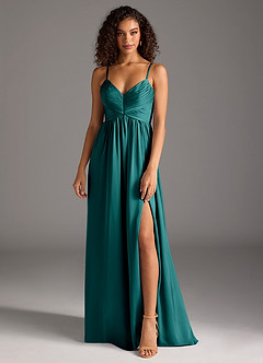 Azazie Alia Robes de demoiselle d'honneur Robe Trapèze en Satin extensible Plissée Paon image1