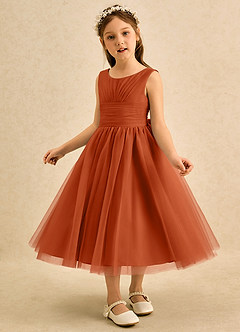 Azazie Macaron Robe Demoiselle D'honneur Fillette Robe Trapèze en Tulle Plissée Orange Brûlée image4