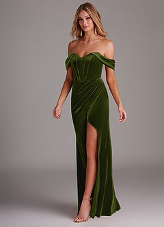 Azazie Jas Robes de demoiselle d'honneur Robe Fourreau Convertible en velours Schulterfreies Korsett Olive image3