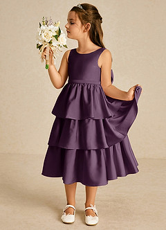 Azazie Margery Flower Girl Dresses Plum A-Line Bow Stretch Satin Dress image4