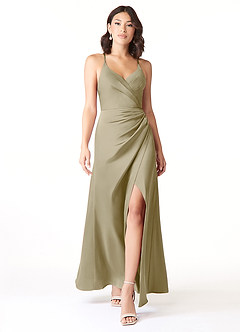 Azazie Geanna Bridesmaid Dresses Moss Green Sheath V-Neck Pleated Stretch Satin Dress image1