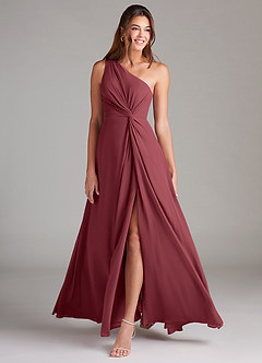 Azazie Brooke Vestidos de damas de honor Vestido de Merlot de Gasa de Corte en A con Hombro unilateral image3