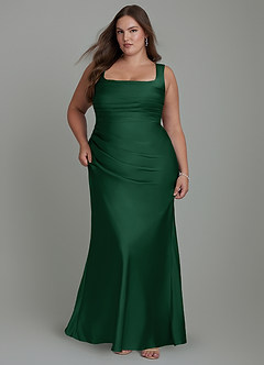 Azazie Agustina Vestidos de damas de honor Vestido Verde Oscuro de Satén Elástico de Corte Sirena con Corsé image9