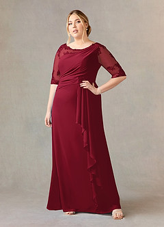 Azazie Dionysus vestidos de madre de la novia Vestido de Borgoña de Gasa de Corte En A con Encaje cuello barco image6